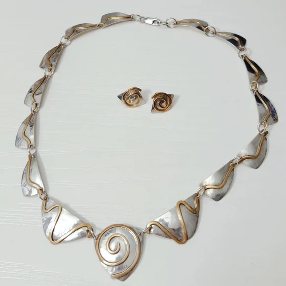 Vintage Sterling Silver Bronze Swirl Hand wrought Modernist Necklace Earring Set - Picture 14 of 15